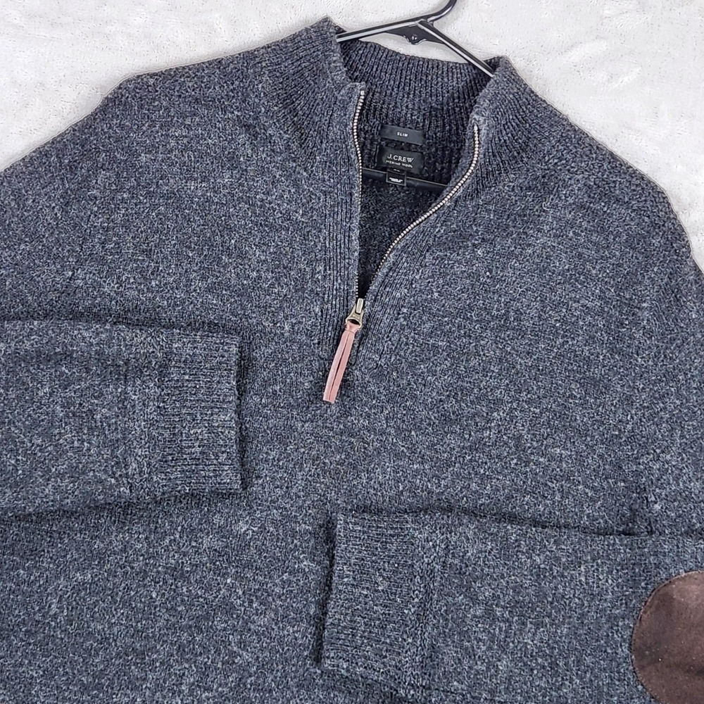 J Crew Mens XL Gray Merino Wool 1/4 Zip Mock Neck Elbow Patch Pullover 08121